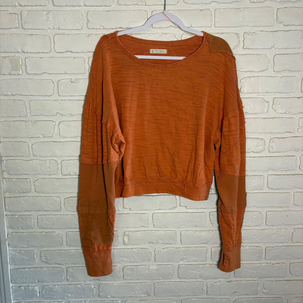 Free People Orange Pullover Cropped Long Sleeve Patchwork Sweater Size Large